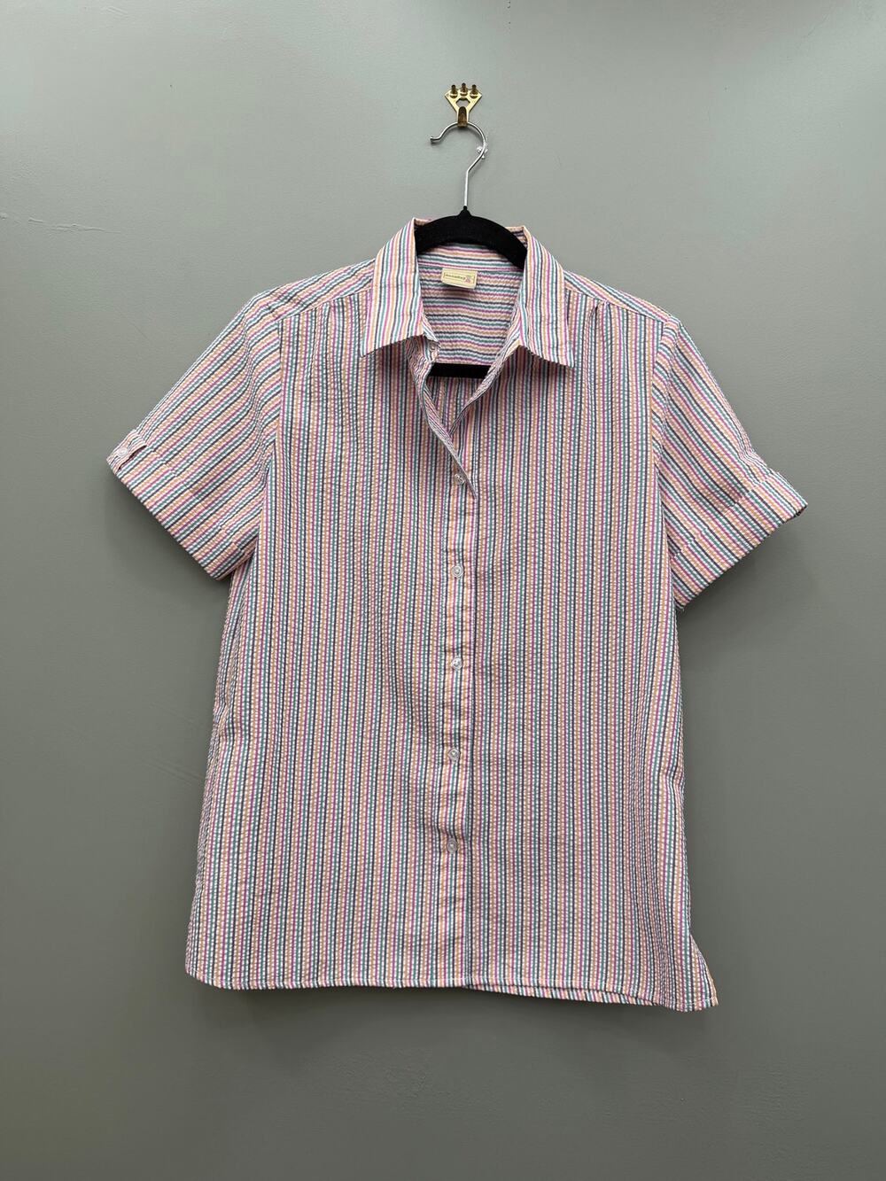 BocaBay Women’s Small Rainbow Stripe Seersucker Button Down Shirt Preppy
